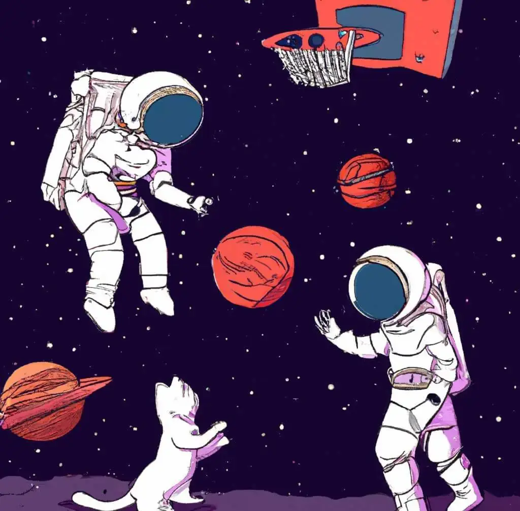 An astronaut playing basketball with cats in space as a children's book illustration