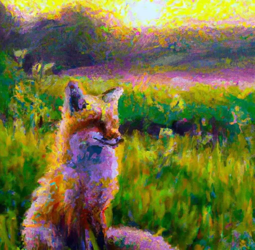 A painting of a fox sitting in a field at sunrise in the style of Claude Monet