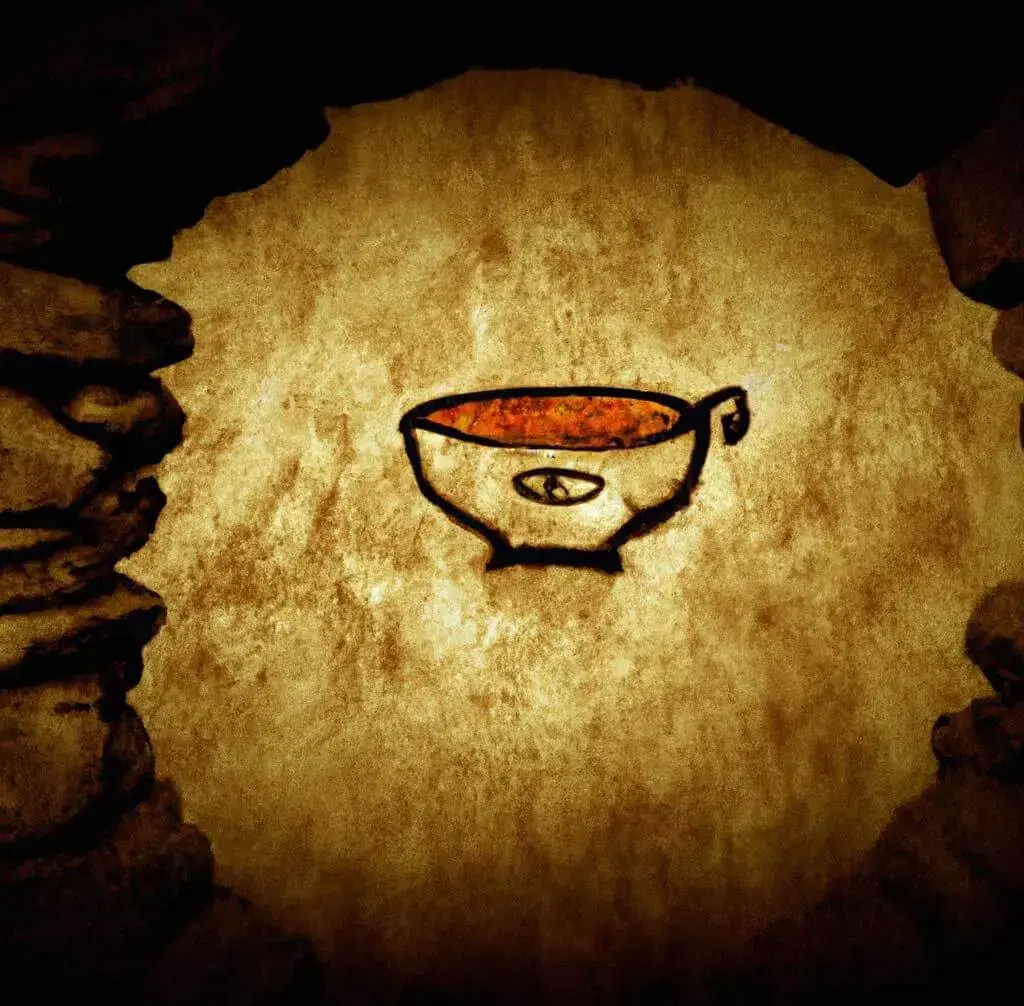 A bowl of soup that is a portal to another dimension drawn on a cave wall