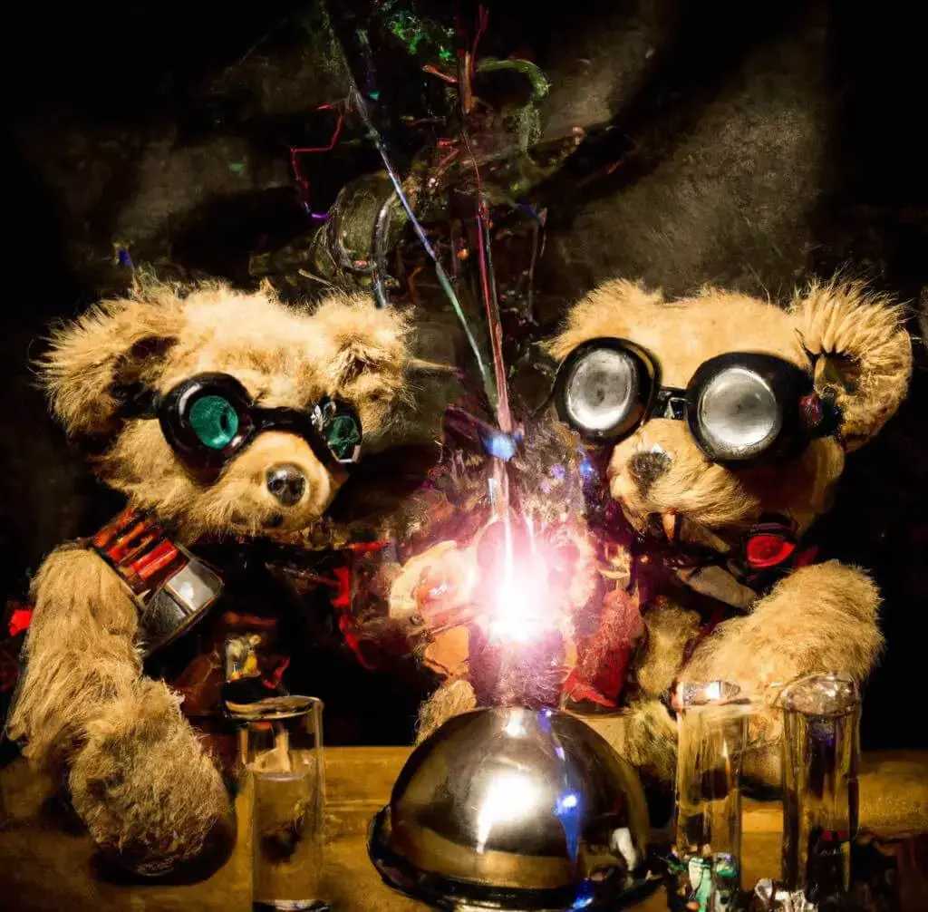 Teddy bears mixing sparkling chemicals as mad scientists in a steampunk style