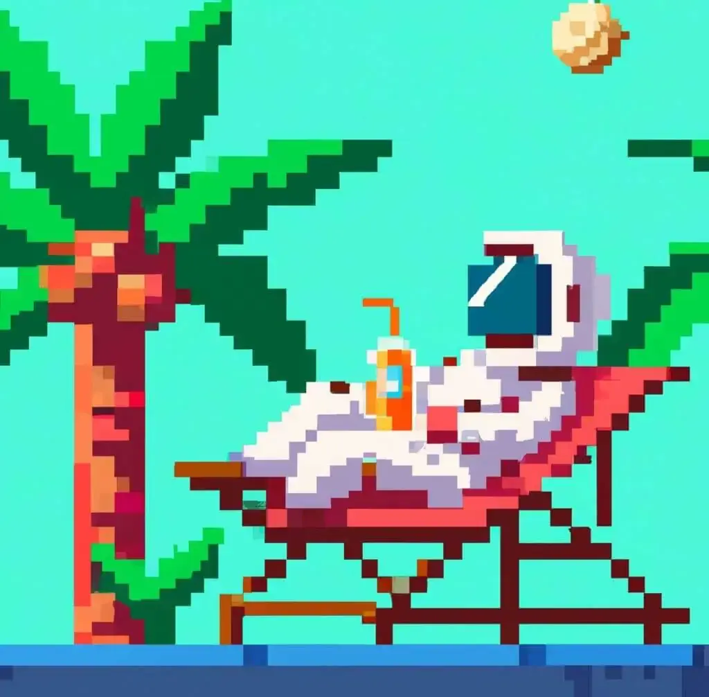 An astronaut lounging in a tropical resort in space as pixel art